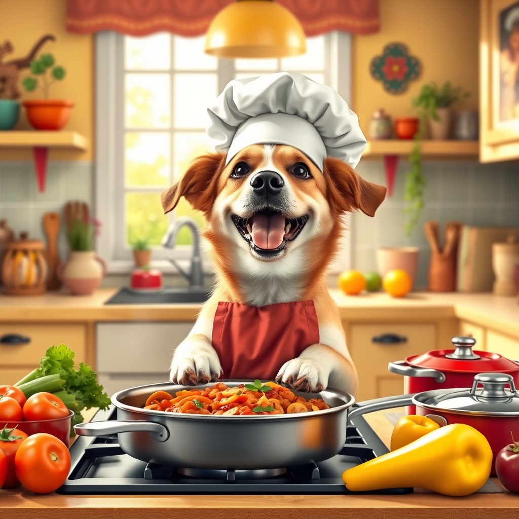 A cute dog in a colorful kitchen, wearing a chef's hat and apron, joyfully cooking a meal on the stovetop