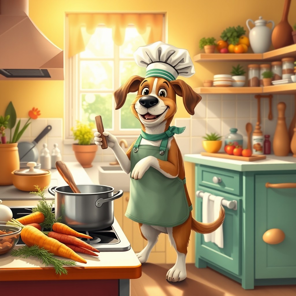 A whimsical and humorous scene featuring a friendly dog in a colorful kitchen, wearing a chef's hat and an apron