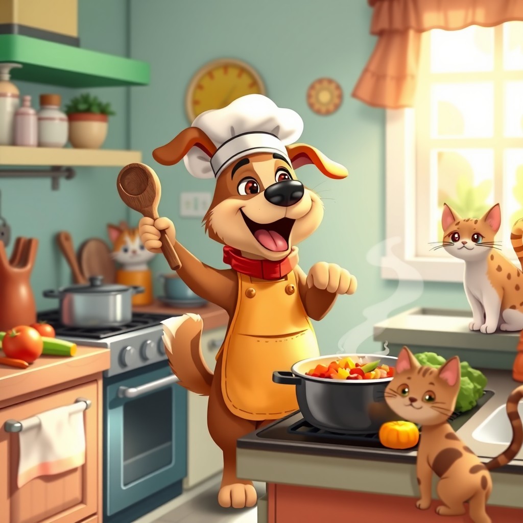 A cute cartoon dog wearing a chef's hat and apron, enthusiastically cooking in a colorful kitchen