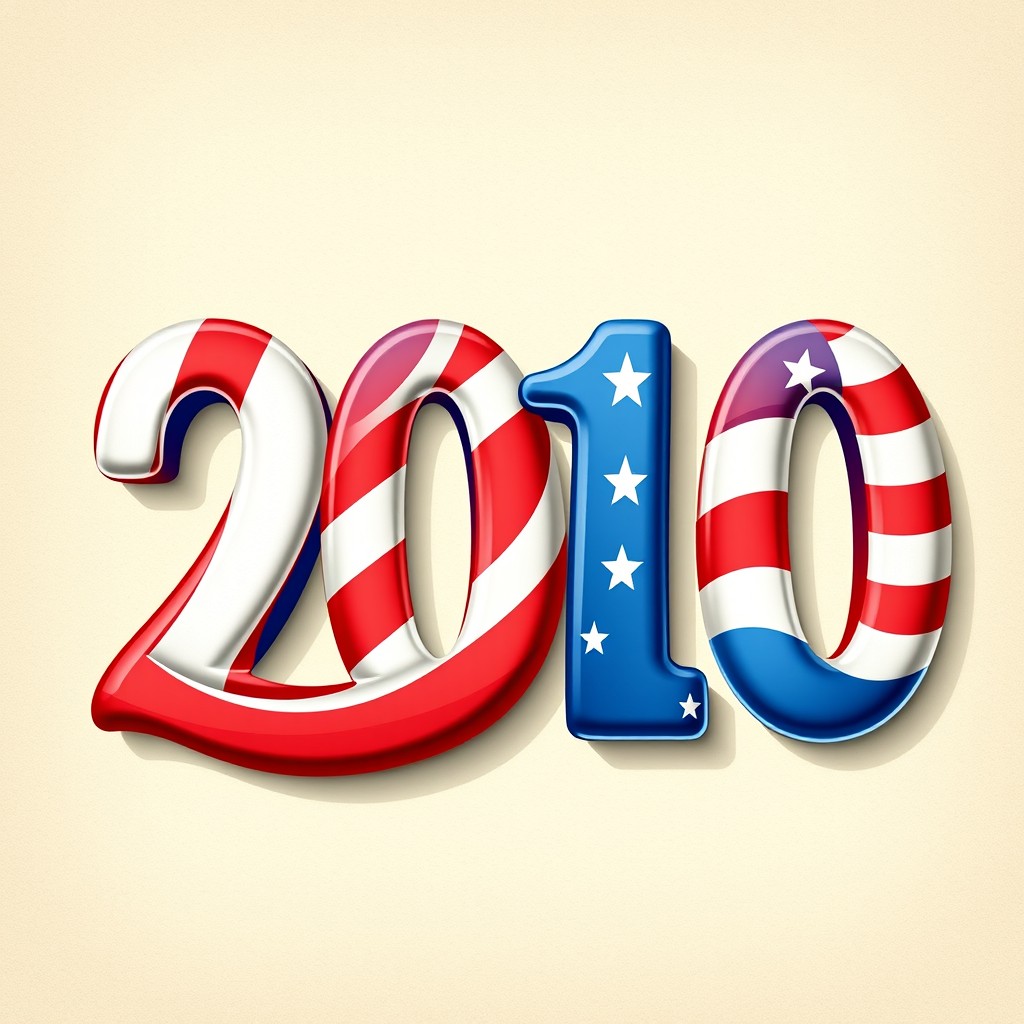 A bold and vibrant representation of the number 2010, creatively designed with the colors of the United States flag, incorporating red, white, and blue in a flowing and dynamic style