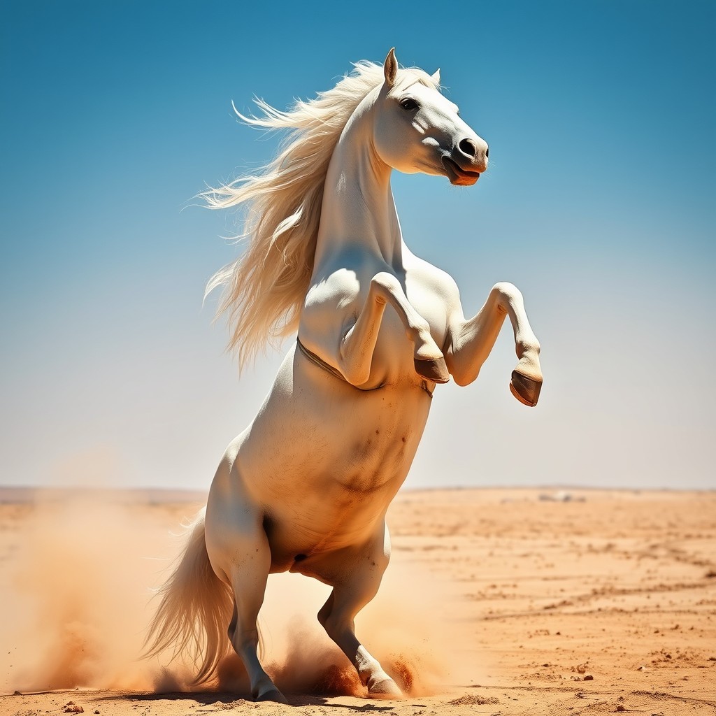 An angry white Arabian horse, rearing up on its hind legs with its front hooves raised as if it is about to strike