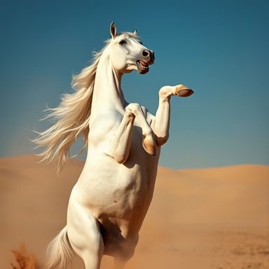 An angry white Arabian horse, rearing up on its hind legs with its front hooves raised as if it is about to strike