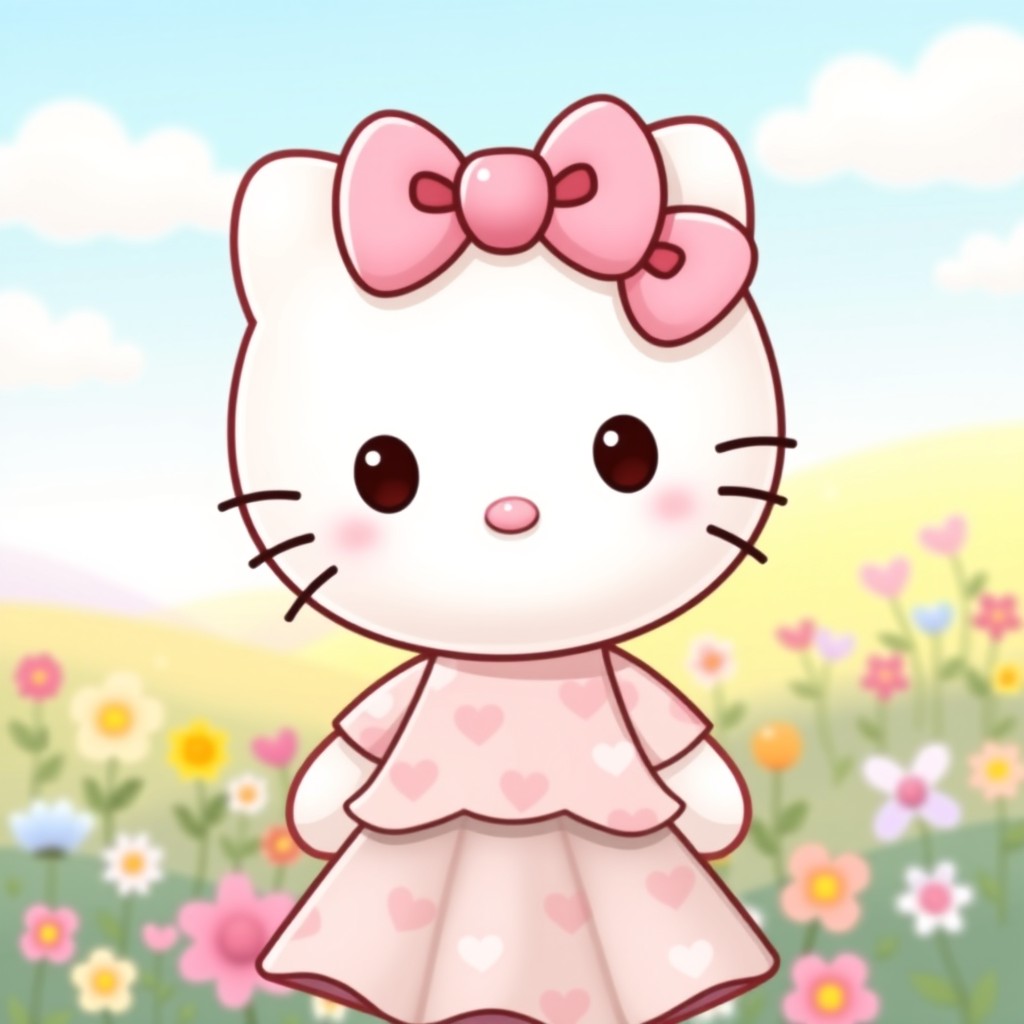 A cute character inspired by Hello Kitty, featuring a round face, big expressive eyes, and simple facial features
