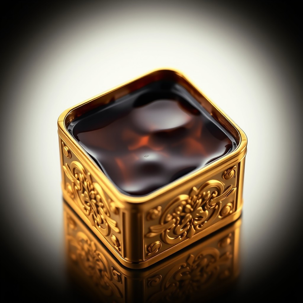 A luxurious small golden box containing a rich, aromatic coffee resin