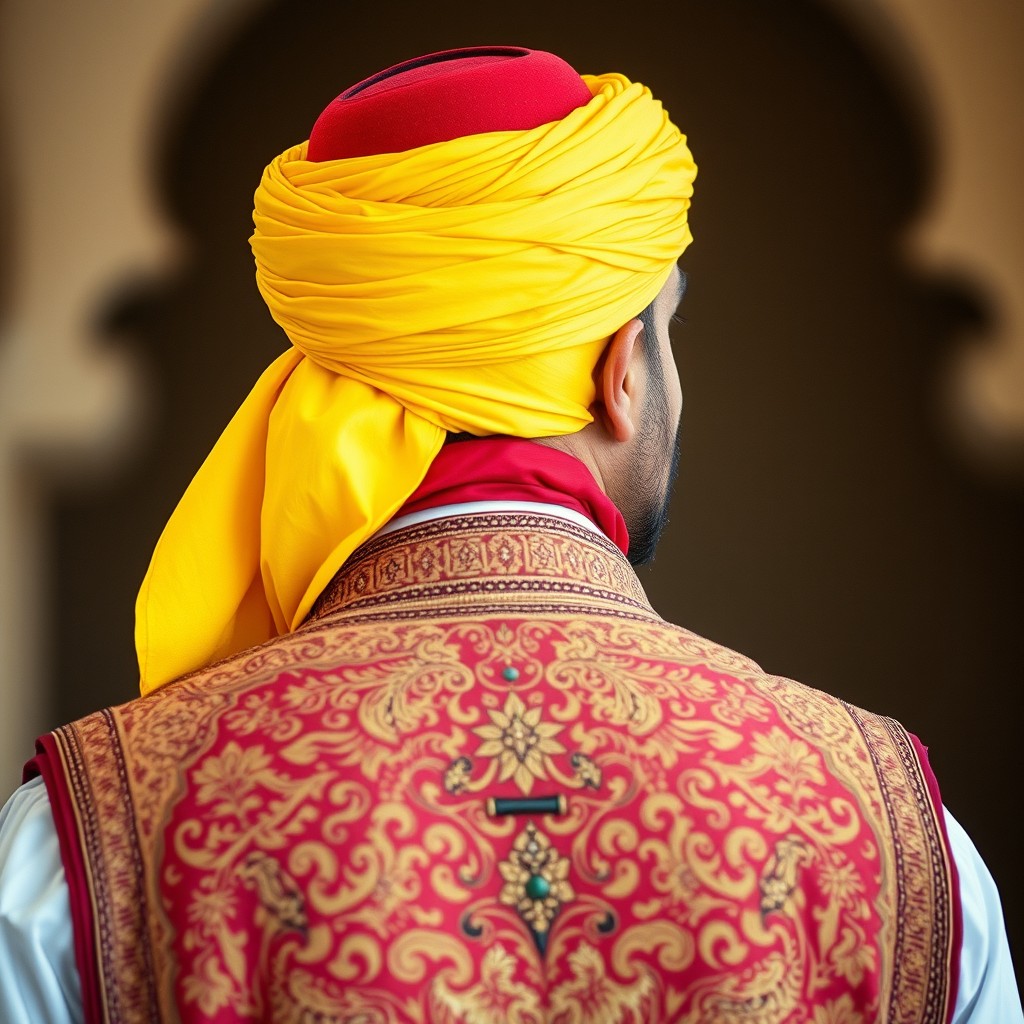 A backside view of an Arabian man wearing a vibrant yellow turban wrapped around his head, with a striking red fez visible underneath