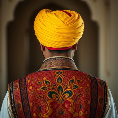 A backside view of an Arabian man wearing a vibrant yellow turban wrapped around his head, with a striking red fez visible underneath