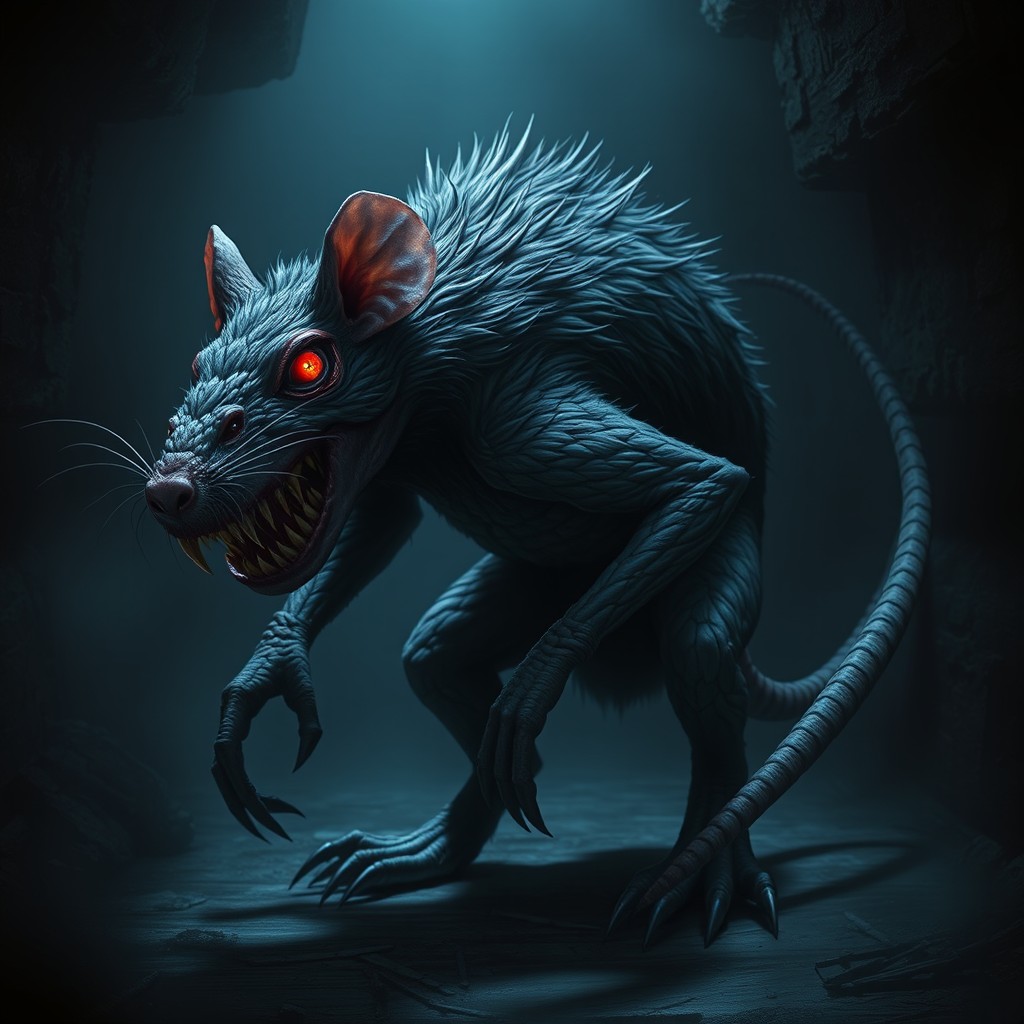 A terrifying yet fascinating rat monster, featuring grotesque features such as sharp teeth, glowing red eyes, and a scaly, matted fur