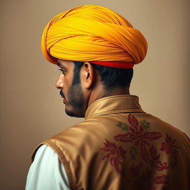 A backside view of an Arabian man wearing a vibrant yellow turban intricately wrapped on his head, with a distinctive red fez positioned underneath