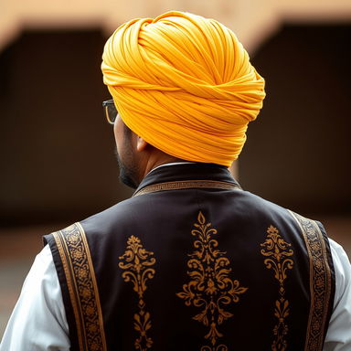 A backside view of an Arabian man wearing a vibrant yellow turban intricately wrapped on his head, with a distinctive red fez positioned underneath