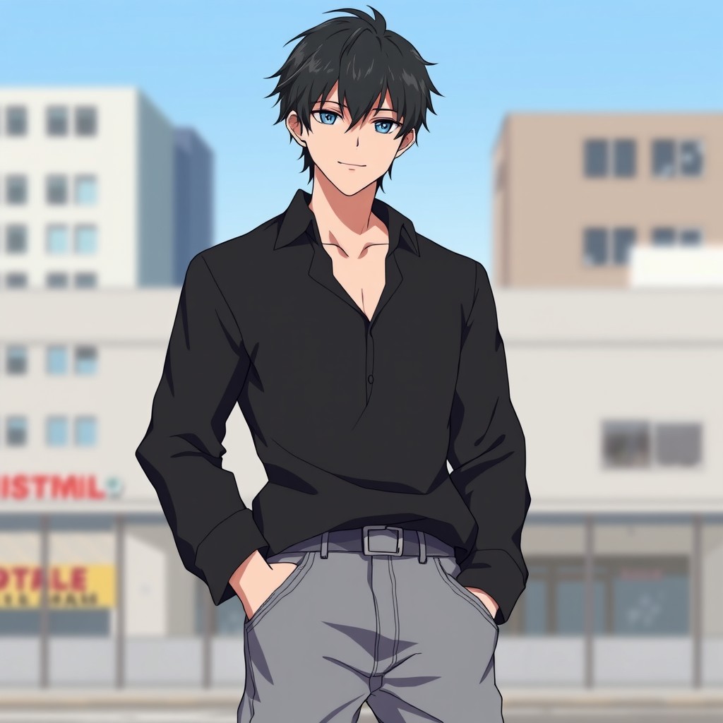 A male character in anime style, wearing a fitted black shirt and baggy jeans