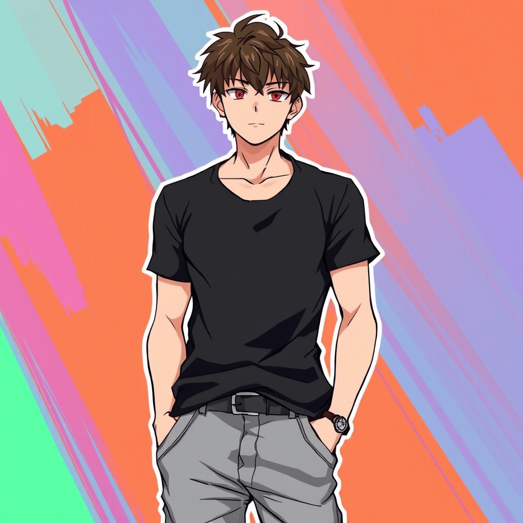 A man depicted in anime style wearing a sleek black shirt paired with baggy jeans