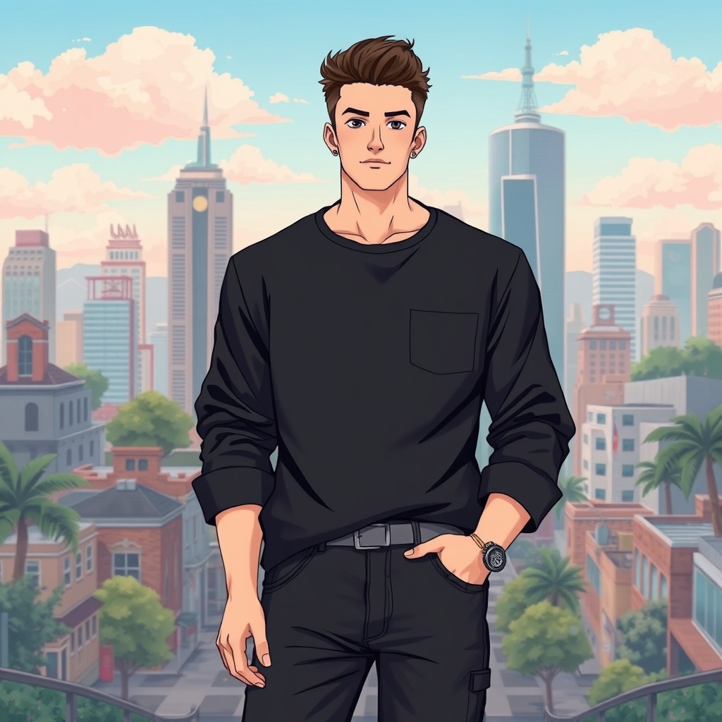 An anime-style illustration of a man wearing a black shirt and baggy jeans