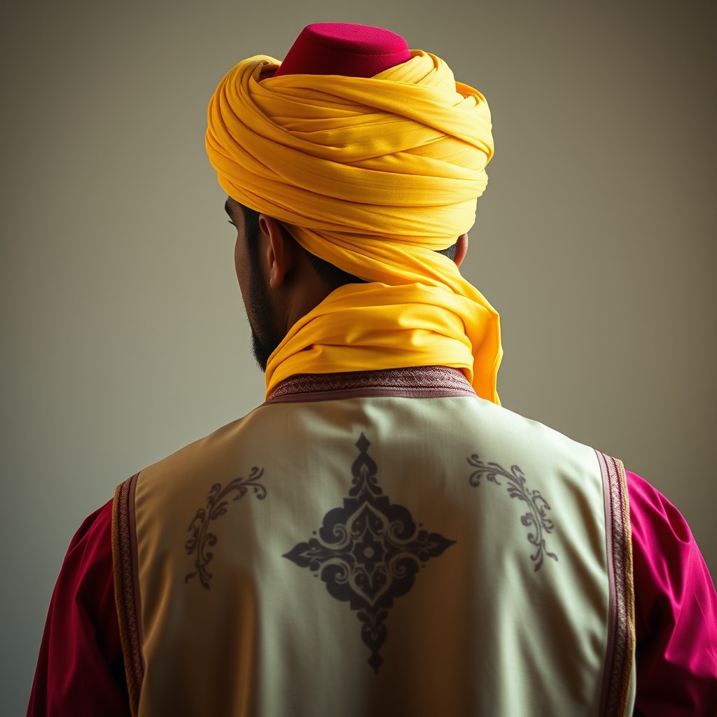 A backside view of an Arabic man wearing a vibrant yellow turban elegantly wrapped around his head, layered over a striking red fez