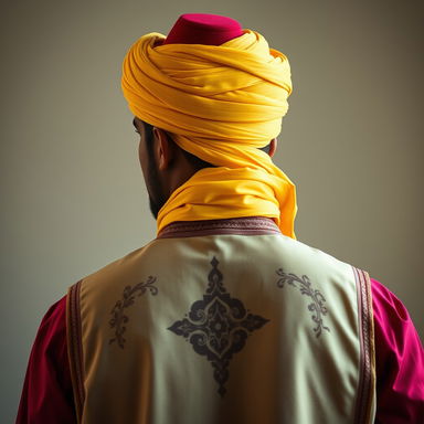 A backside view of an Arabic man wearing a vibrant yellow turban elegantly wrapped around his head, layered over a striking red fez