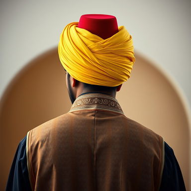 A backside view of an Arabic man wearing a vibrant yellow turban elegantly wrapped around his head, layered over a striking red fez