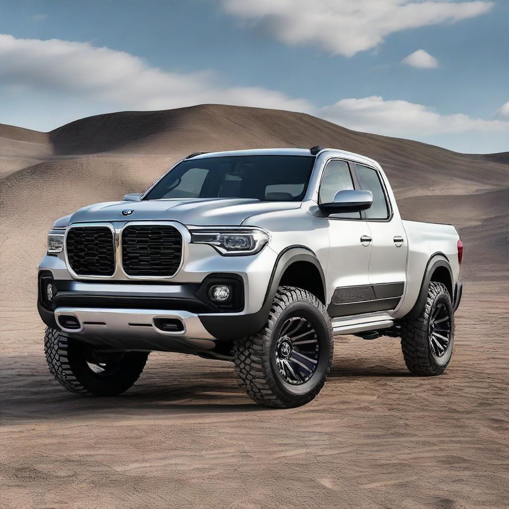 A BMW inspired pick-up truck, incorporating features of a Ford Ram but with the distinctive design elements and luxurious style of a BMW vehicle