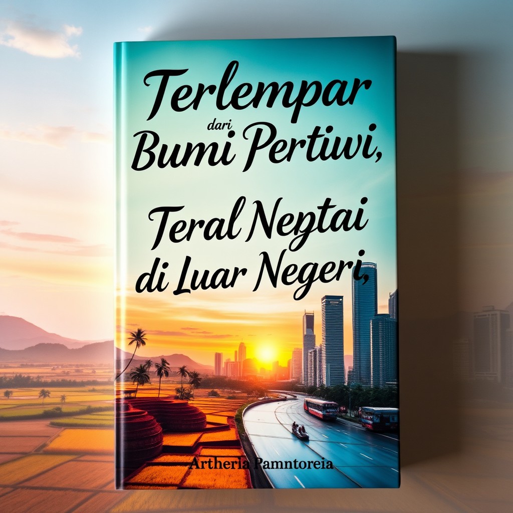 A captivating novel cover featuring the title "Terlempar dari Bumi Pertiwi, Terlunta di Luar Negeri" in bold, artistic font