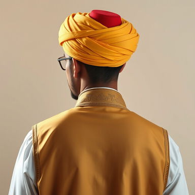 A backside view of an Arabic man wearing a beautifully wrapped yellow turban on his head, with a vibrant red fez nestled underneath