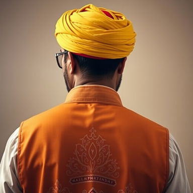 A backside view of an Arabic man wearing a beautifully wrapped yellow turban on his head, with a vibrant red fez nestled underneath