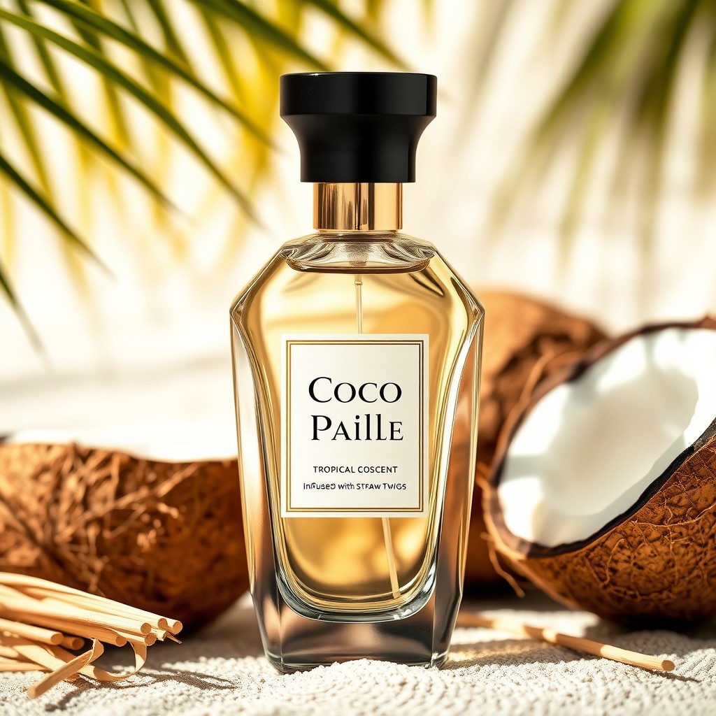 A beautifully designed perfume bottle labelled 'Coco Paille,' showcasing a tropical coconut scent infused with straw twigs