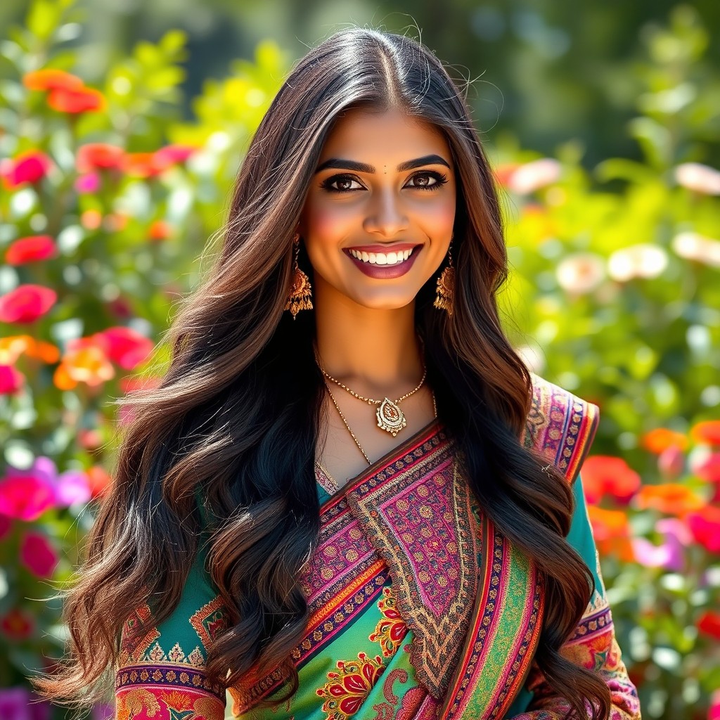 A stunning Indian woman with long, flowing hair and a vibrant traditional outfit, featuring intricate designs and patterns