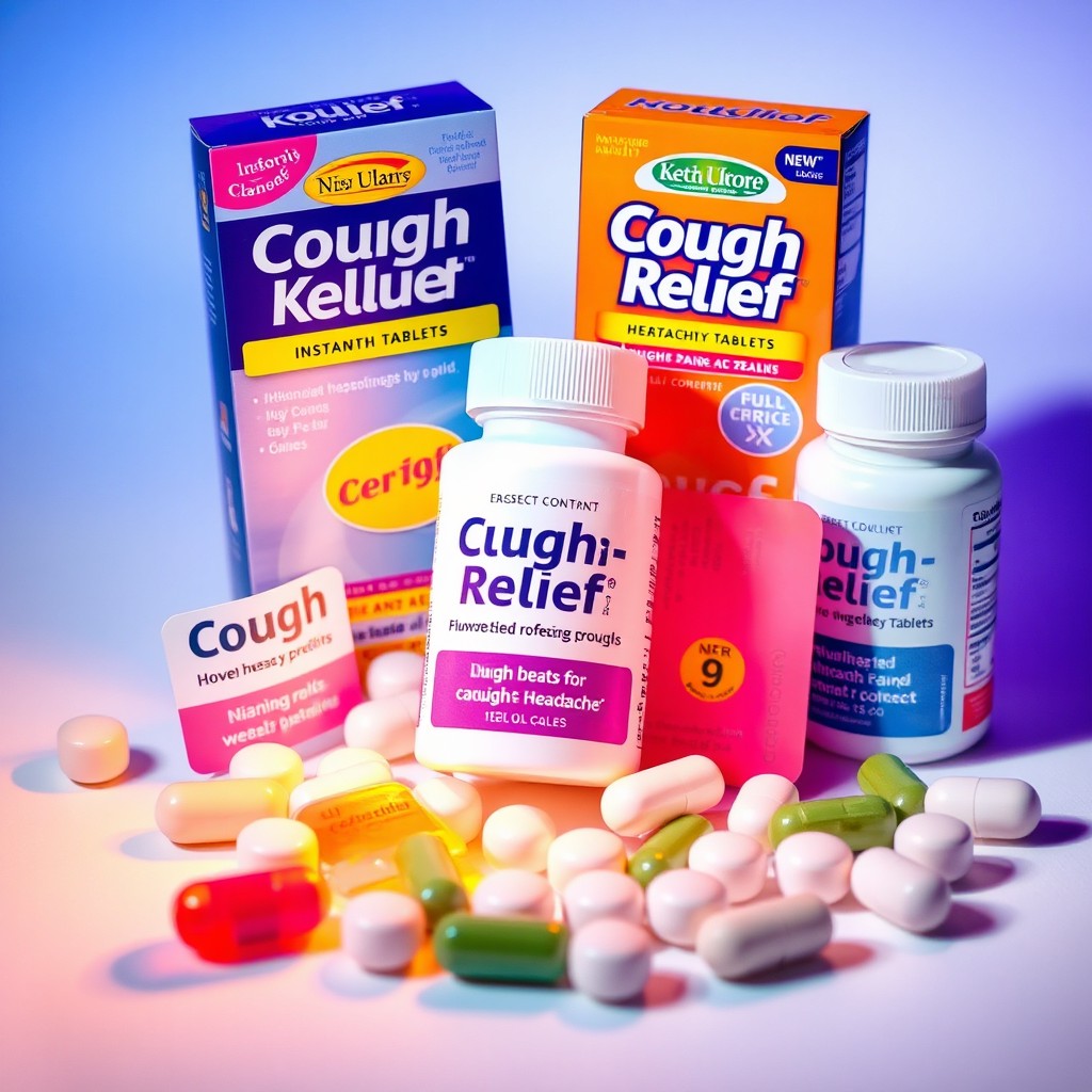 A collection of vibrant, visually appealing cough and headache relief tablets displayed in a way that suggests instant relief upon contact