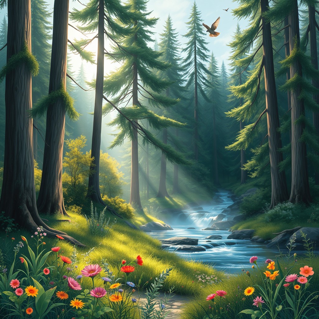 A serene nature scene depicting a beautiful forest with tall, majestic trees, sunlight filtering through the leaves, and a peaceful stream flowing gently in the background
