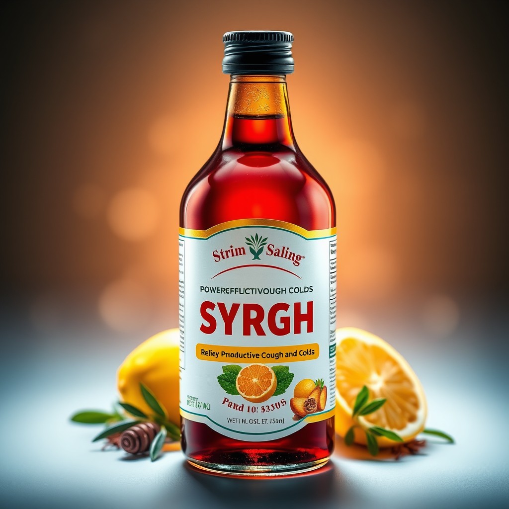 An eye-catching bottle of a highly effective syrup designed to relieve productive coughs and colds, with a label that emphasizes its powerful healing properties