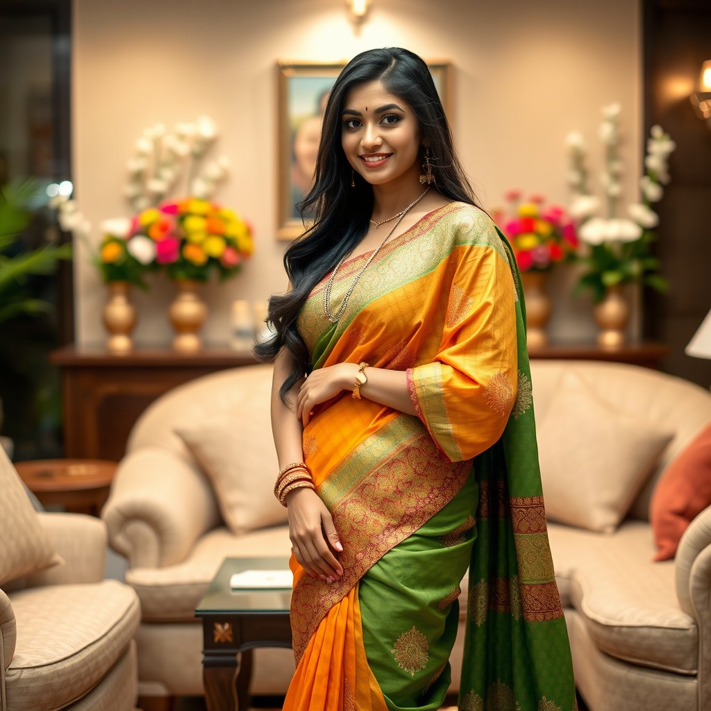 A beautiful Indian woman, dressed in a vibrant traditional saree with intricate patterns, standing confidently with a charming smile