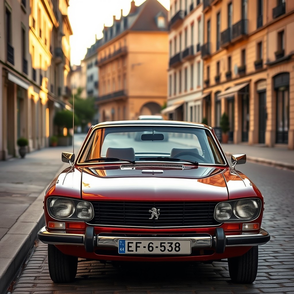 A classic Peugeot 404 car parked on a vintage street, showcasing its elegant curves and distinctive front grille