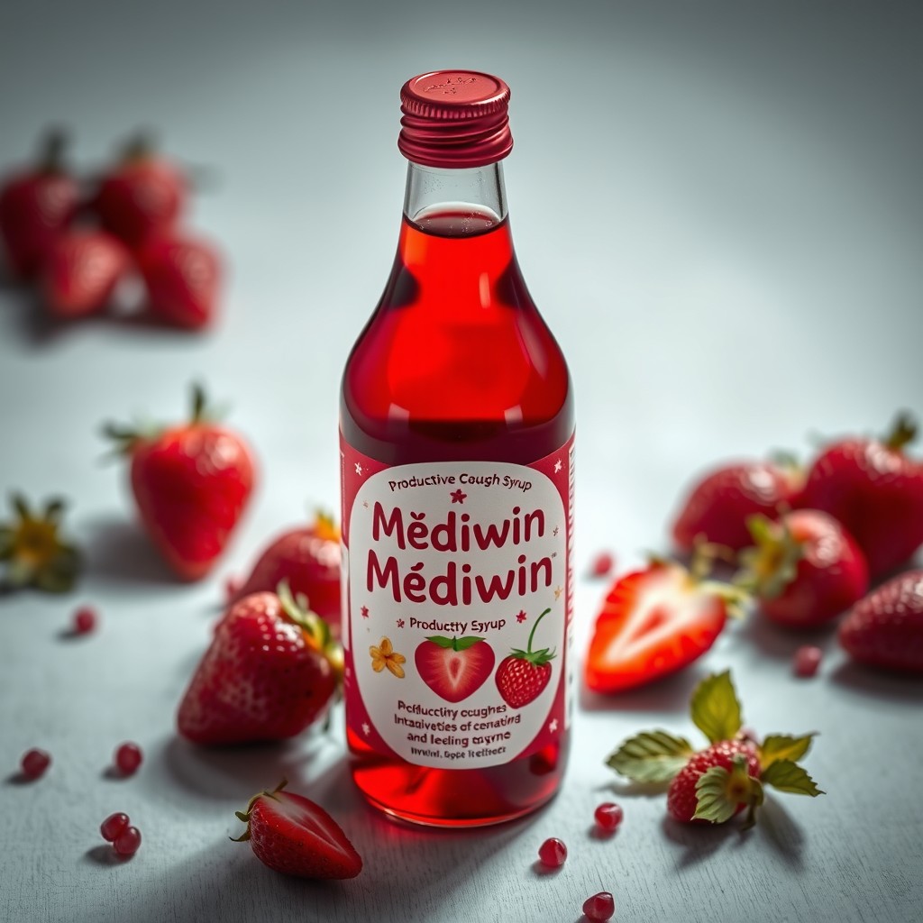 A visually striking bottle of an effective strawberry-based syrup named 'Médiwin,' designed to treat productive coughs and flu-like symptoms