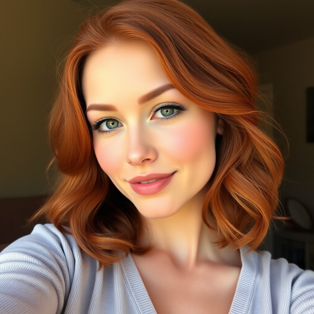 A hyper-realistic selfie of a redhead woman with a great complexion and minimal makeup