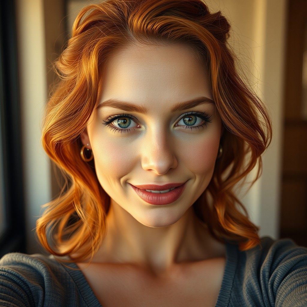 A hyper realistic selfie featuring a redhead woman with a beautiful complexion and minimal makeup, showcasing her natural beauty