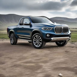 A BMW inspired pick-up truck, incorporating features of a Ford Ram but with the distinctive design elements and luxurious style of a BMW vehicle