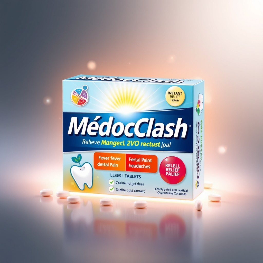 A striking box of tablets named 'MédocClash,' designed to relieve fever, dental pain, and headaches