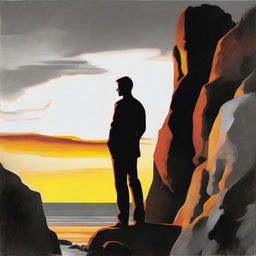 Paint a standing man, presented in black and white, deep in thought about a woman. The woman, in radiant colors, is shown side-faced on a sunset-lit rocky cliff.