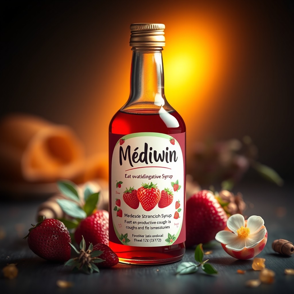 A visually appealing bottle of a medicinal syrup named 'Médiwin,' made from strawberries, designed to effectively treat productive coughs and flu-like symptoms