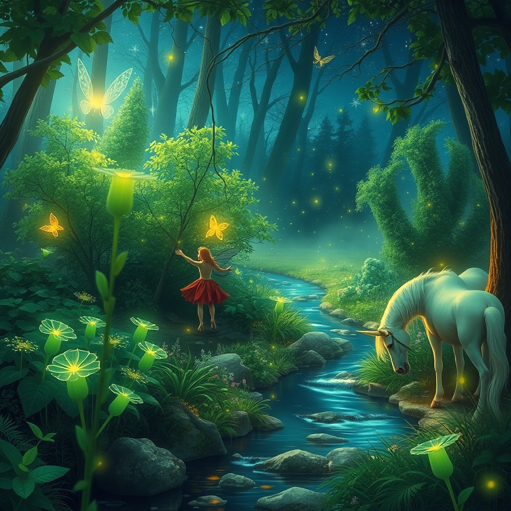 An enchanting scene depicting a magical forest filled with glowing plants and mystical creatures