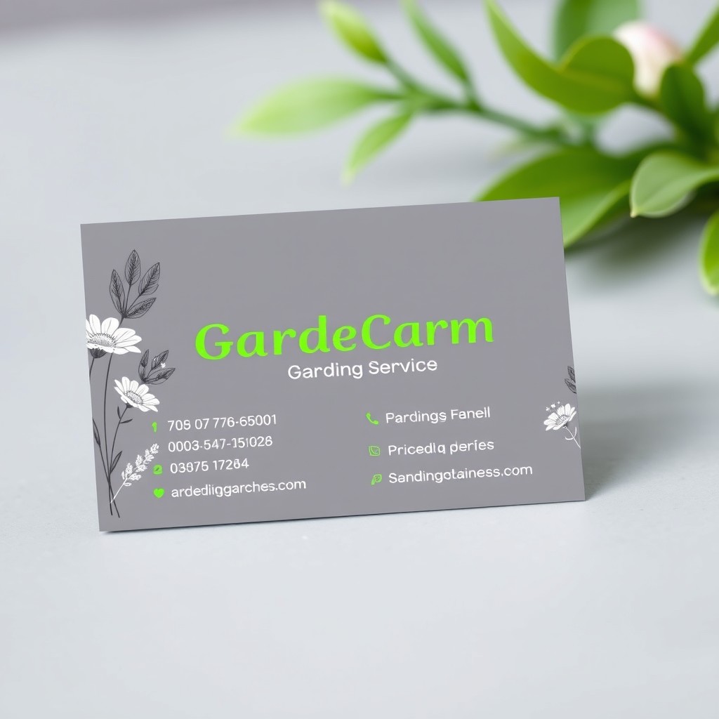 A business card design for a gardening service, predominantly gray in color with vibrant green lettering