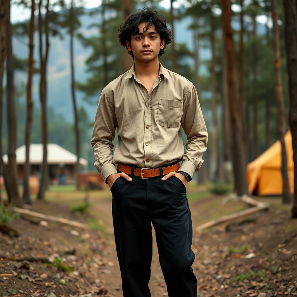 A young Asian man with curly black hair stands relaxed in a forest, with mountains and tents visible in the background