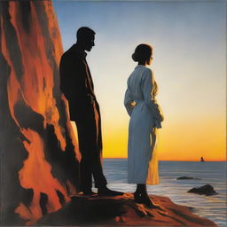 Paint a standing man, presented in black and white, deep in thought about a woman. The woman, in radiant colors, is shown side-faced on a sunset-lit rocky cliff.