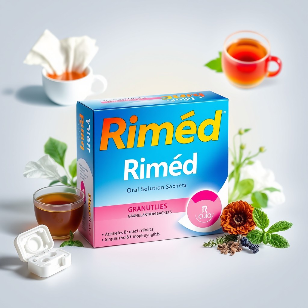 A visually captivating box of granulated medication for oral solution sachets called 'Rimèd,' specifically designed for treating colds, rhinitis, and rhinopharyngitis