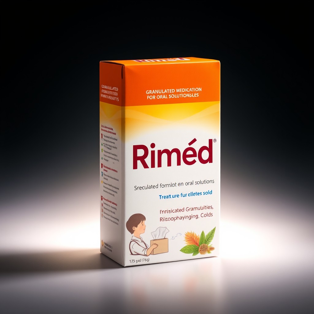 A beautifully designed box of granulated medication for oral solutions called 'Rimèd,' specifically formulated to treat colds, rhinitis, and rhinopharyngitis