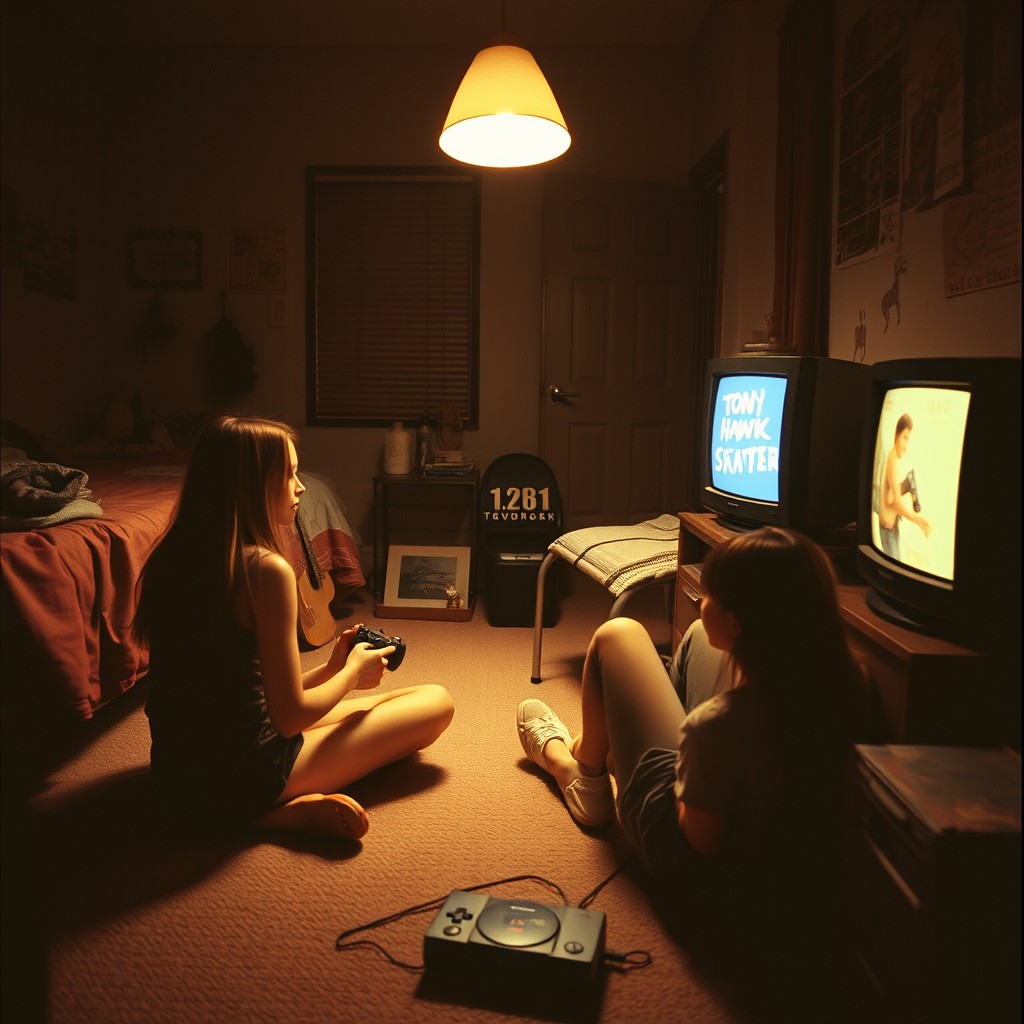 A nostalgic grunge-style analog photo capturing a candid moment in a dimly lit bedroom featuring two friends, one resembling Lisa from Blackpink, circa 1990s