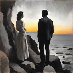 Paint a standing man, presented in black and white, deep in thought about a woman. The woman, in radiant colors, is shown side-faced on a sunset-lit rocky cliff.