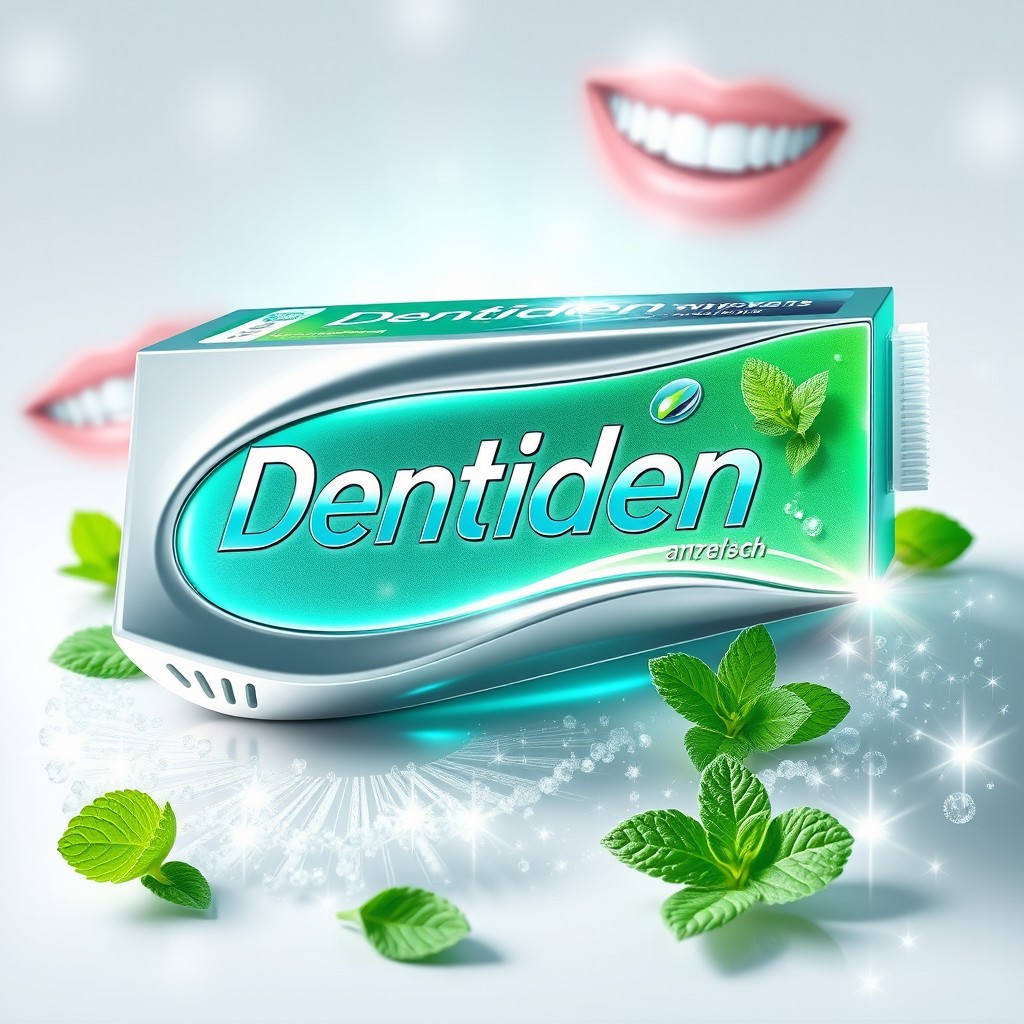 A futuristic toothpaste box named 'Dentiden' designed to care for, whiten, refresh, and flavor the teeth