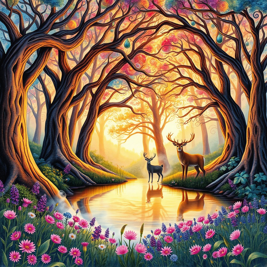 An intricate and vibrant watercolor illustration of a mystical forest at sunrise, showcasing detailed trees with colorful, swirling leaves, illuminated by golden light filtering through the branches