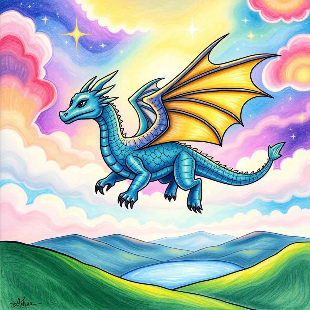 A whimsical and vibrant drawing of a majestic dragon soaring through a mystical sky filled with colorful clouds and sparkling stars