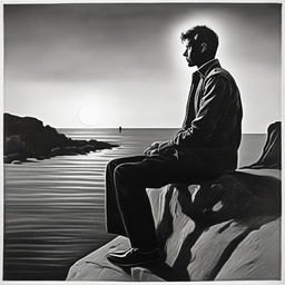 Paint a standing man, presented in black and white, deep in thought about a woman. The woman, in radiant colors, is shown side-faced on a sunset-lit rocky cliff.