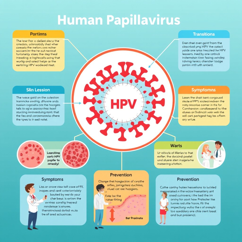 An informative and educational illustration about Human Papillomavirus (HPV), featuring a detailed diagram showing the structure of the HPV virus, highlighting its circular DNA and protein coat